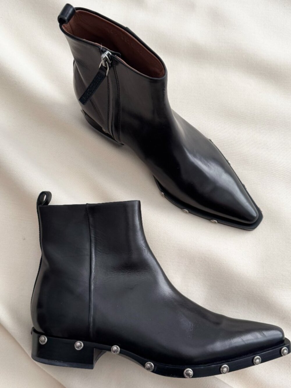 Sartore Pointed Toe Boots with Studded Sole in Black, size 37